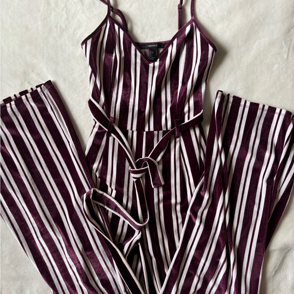 Striped, Burgundy & White Velvet Pants Jumpsuit